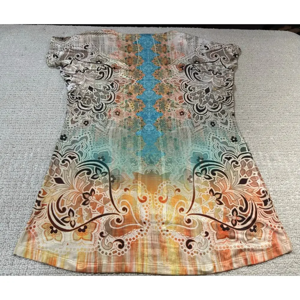 One World Live and Let Live Womens XL Top Cap Sleeve Embellished Rhinestone Boho - Picture 3 of 11
